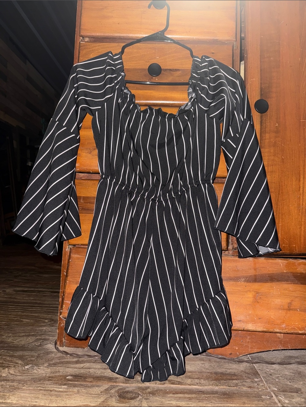 SHEIN Black and White Striped Off-Shoulder Girls' One-Piece Romper